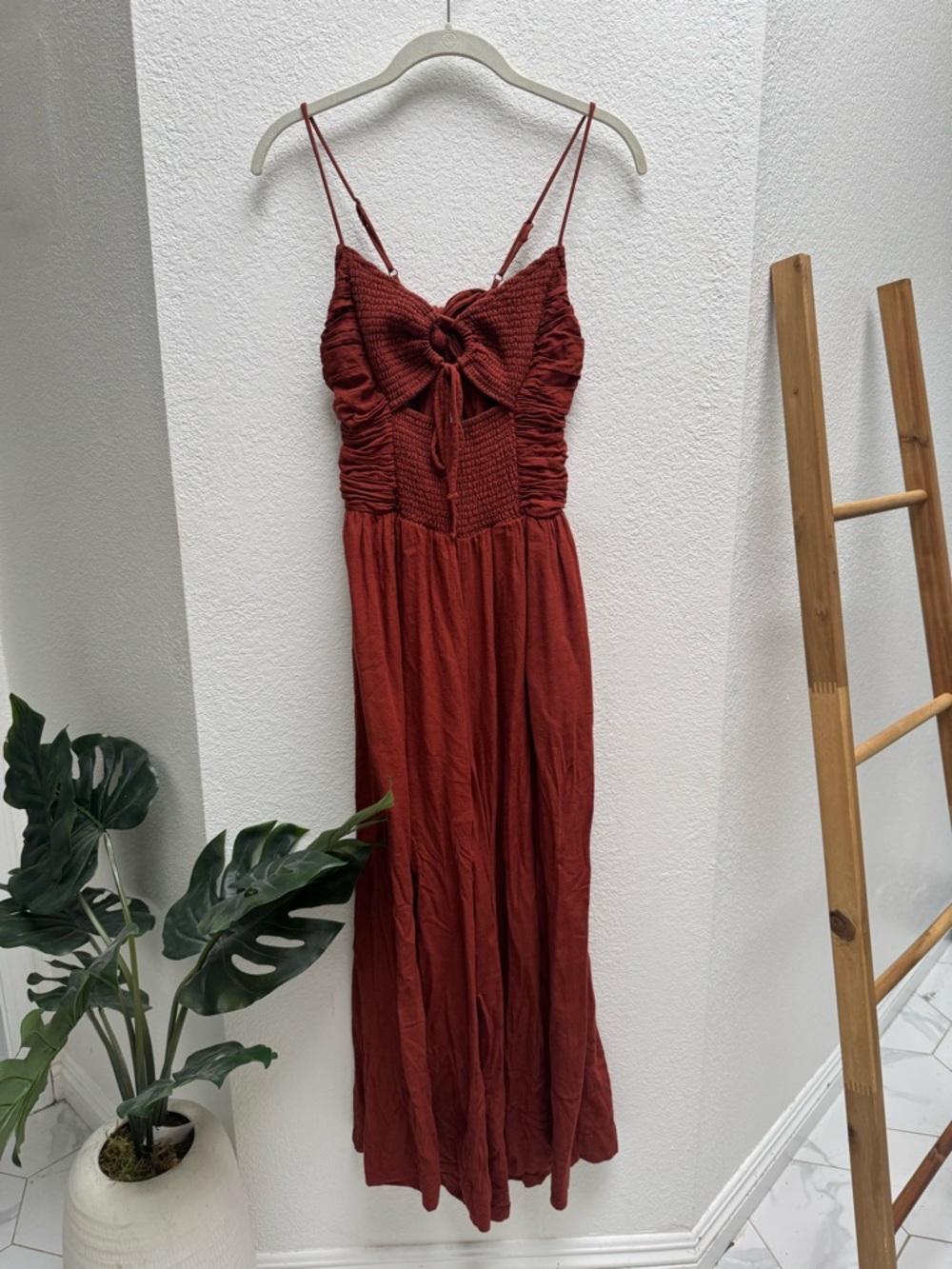 Free People Rust Brown Smocked Bodice Wide-Leg Jumpsuit - Picture 2 of 12